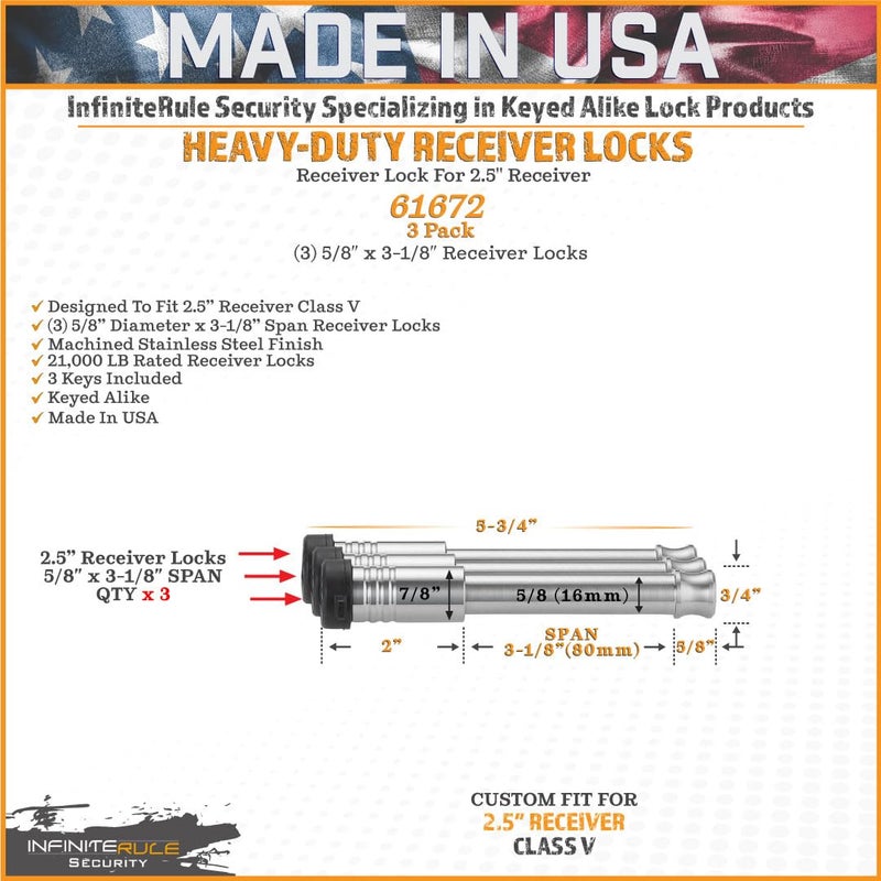 InfiniteRule Security 61672 | 3 Pack, Keyed Alike, Receiver Locks for 2" and 2.5" Receiver Class III, IV, V and Gen-Y Hitch Mega Duty 10K LB & 16K LB - Image 3